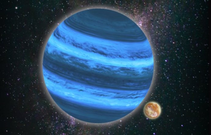 Ilustración de un planeta flotando libremente por el universo con una luna que puede almacenar agua