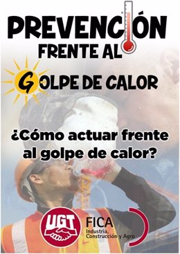 Cartel promocional de la campaña de UGT FICA Andalucía sobre cómo evitar golpes de calor en la construcción.
