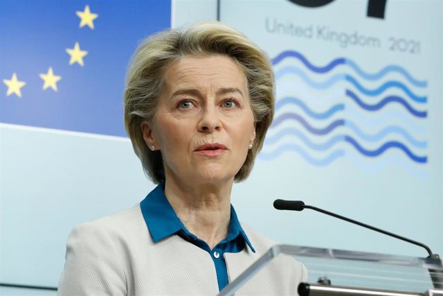 HANDOUT - 10 June 2021, Belgium, Brussels: President of the European Commission Ursula von der Leyen speaks during a press conference on the G7 Summit 2021 which will be held in Cornwall, England, from 11 to 13 June. Photo: Dario Pignatelli/European Counc