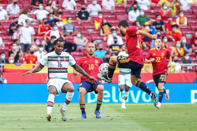Renato Sanches of Portugal, Thiago Alcantara of Spain and Jose Gaya of Spain in action during the international friendly match played between Spain and Portugal at Wanda Metropolitano stadium on Jun 04, 2021 in Madrid, Spain.