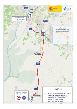 Croquis de la instalación de un tercer carril adicional en la AP-4 y A-4 sentido Sevilla.