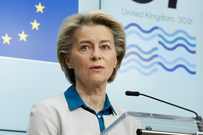 HANDOUT - 10 June 2021, Belgium, Brussels: President of the European Commission Ursula von der Leyen speaks during a press conference on the G7 Summit 2021 which will be held in Cornwall, England, from 11 to 13 June. Photo: Dario Pignatelli/European Cou