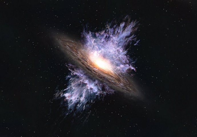 Impresión artística de un viento galáctico impulsado por un agujero negro supermasivo ubicado en el centro de una galaxia.