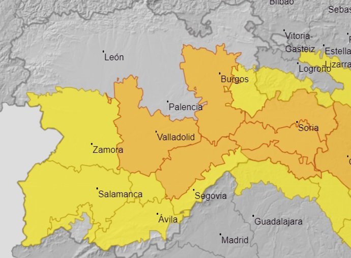 Mapa de la Aemet con los avisos para Castilla y León.