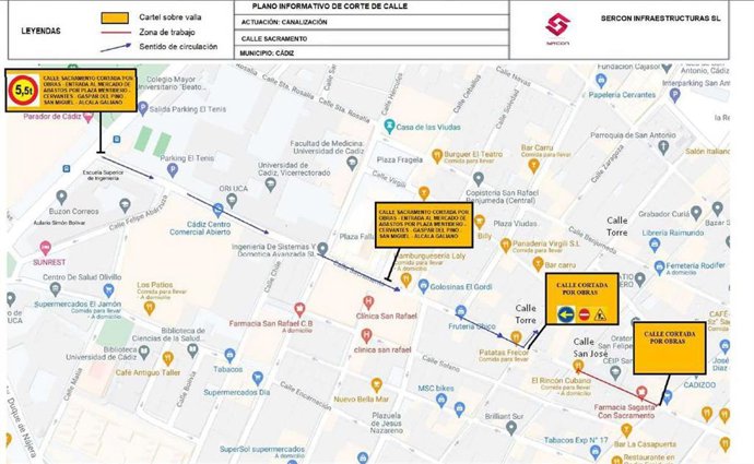 Un tramo de la calle Sacramento de Cádiz capital se cortará al tráfico a partir del lunes