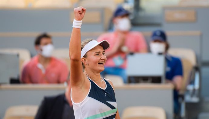 Barbora Krejcikova of the Czech Republic after winning her semi-final at the 2021 Roland Garros Grand Slam Tournament against Maria Sakkari of Greece