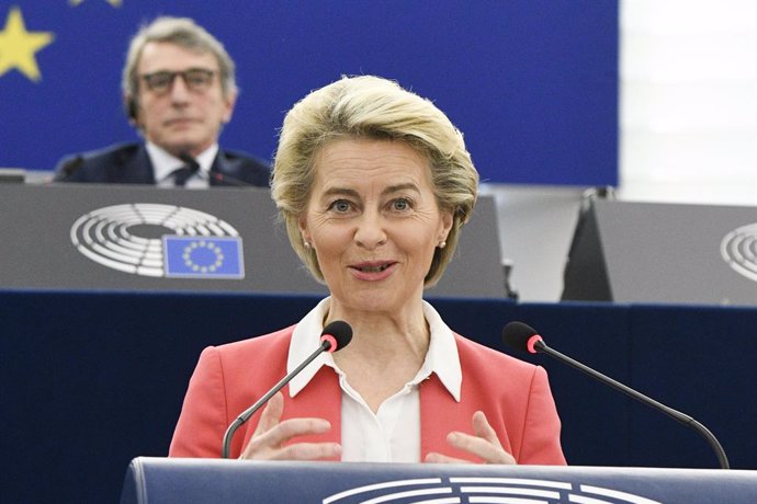 HANDOUT - 09 June 2021, France, Strasbourg: President of the European Commission Ursula von der Leyen speaks during a plenary session of the European Parliament on the conclusions of the special meeting of the European Council on 24 and 25 May 2021. Pho