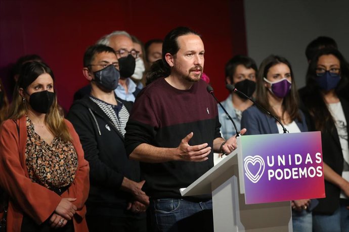 Archivo - El candidato de Unidas Podemos a la presidencia de la Comunidad de Madrid y secretario general de Podemos, Pablo Iglesias, durante una rueda de prensa tras las votaciones de la jornada electoral, a 4 de mayo de 2021, en Madrid (España).