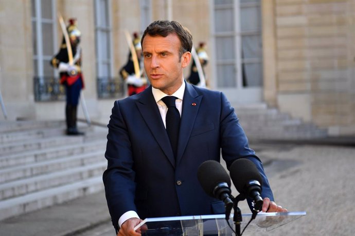 HANDOUT - 10 June 2021, France, Paris: French President Emmanuel Macron speaks during a press conference with North Macedonia's Prime Minister Zoran Zaev at the Elysee Palace. Photo: -/North Macedonian Government/dpa - ATTENTION: editorial use only and 
