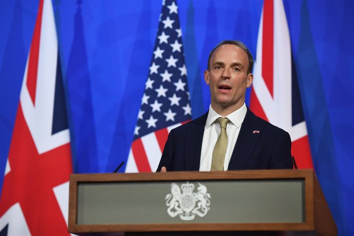 Archivo - 03 May 2021, United Kingdom, London: UK Foreign Secretary Dominic Raab speaks during a press conference at Downing Street with US Secretary of State Antony Blinken (not pictured). Photo: Chris J Ratcliffe/PA Wire/dpa