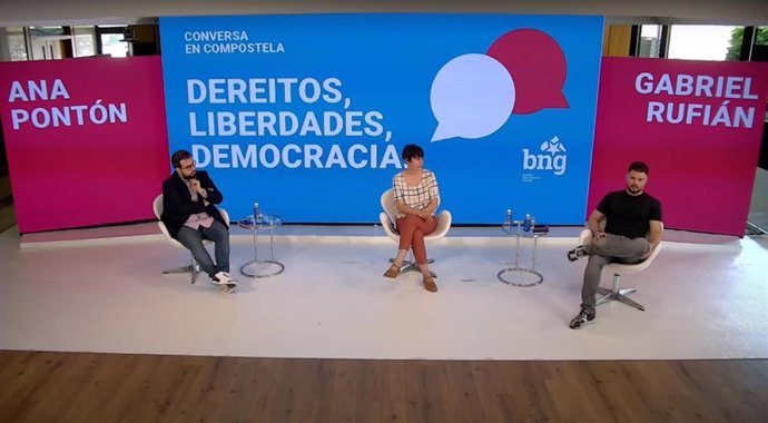 El portavoz de ERC en el Congreso, Gabriel Rufián, y la portavoz nacional del BNG, Ana Pontón, en la conversa telemática 'Derechos, libertades, democracia'