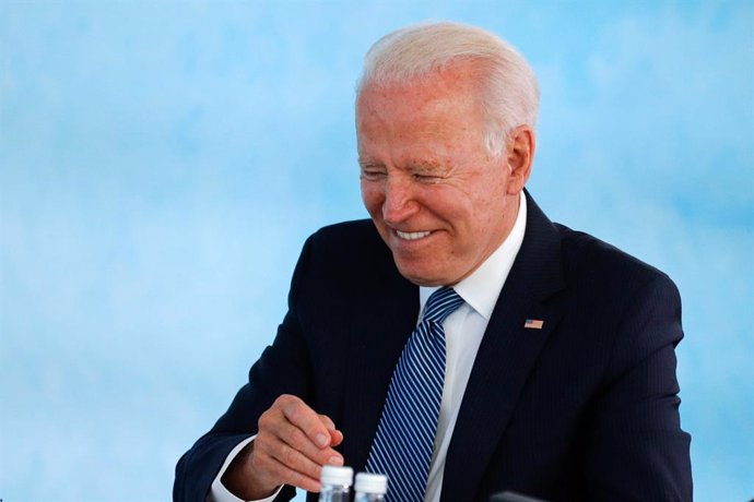 13 June 2021, United Kingdom, Carbis Bay: US President Joe Biden attends a plenary session as part of the G7 Summit. Photo: Phil Noble/PA Wire/dpa