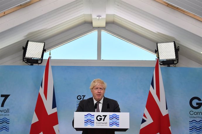 13 June 2021, United Kingdom, Carbis Bay: UK Prime Minister Boris Johnson speaks during a press conference on the final day of the G7 Summit. Photo: Ben Stansall/PA Wire/dpa
