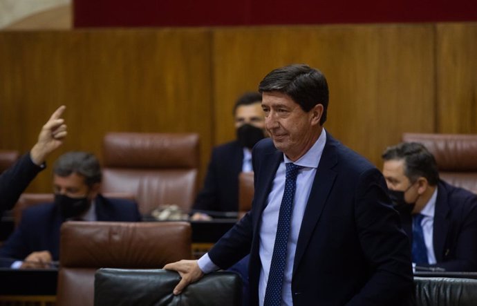 El vicepresidente Juan Marín ,interviene  en el debate final en el Parlamento Andaluz del proyecto de Ley de lucha contra el fraude y la corrupción a 09 de junio del 2021 en Sevilla, España