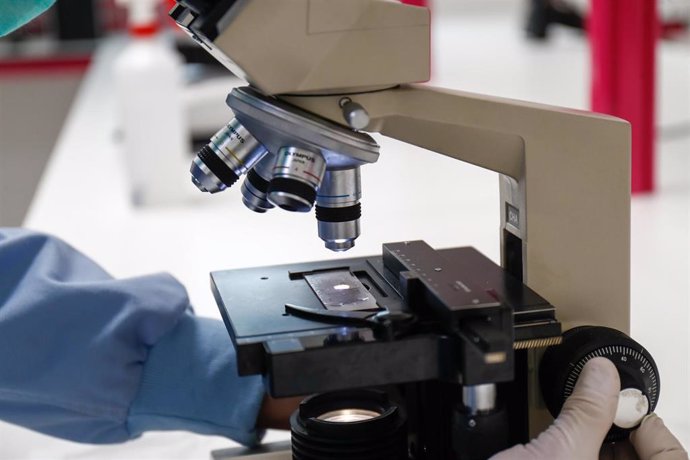 Archivo - Un hombre trabaja mirando por un microscopio en el edificio del Control de Calidad del Laboratorio del Centro Militar de Farmacia de la Defensa en la base logística de San Pedro, centro en el que han modificado su forma de trabajar enfocándose