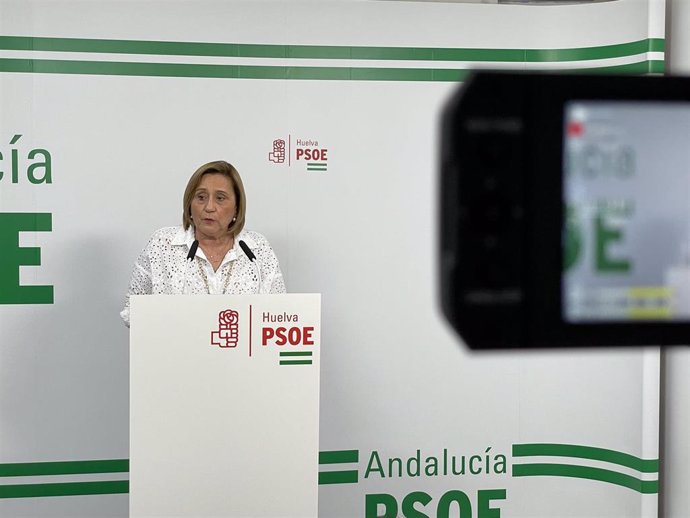 La coordinadora general del PSOE de Huelva, María Luisa Faneca, en rueda de prensa.