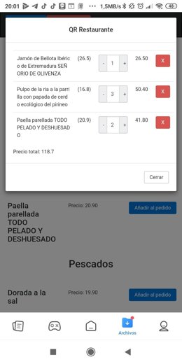 Cesta del pedido que leemos al camarero. Se puede activar opción