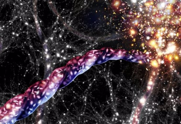 Impresión artística de los filamentos cósmicos: enormes puentes de galaxias y materia oscura conectan cúmulos de galaxias entre sí.