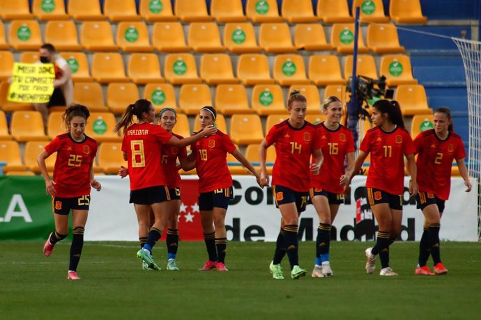 Aitana Bonmati of Spain celebrates a goal with teammates during the international women football, friendly match, played between Spain and Belgium at Santo Domingo stadium on June 10, 2021 in Alcorcon, Madrid, Spain.
