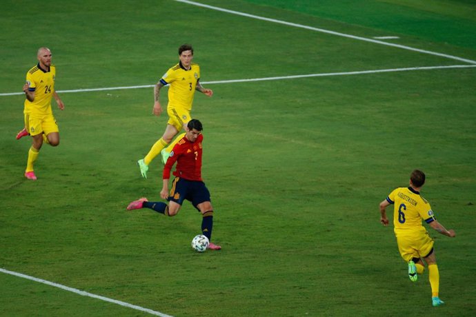 Alvaro Morata of Spain in action during the UEFA EURO 2020 Group E football match between Spain and Sweden at La Cartuja stadium on June 14, 2021 in Seville, Spain.