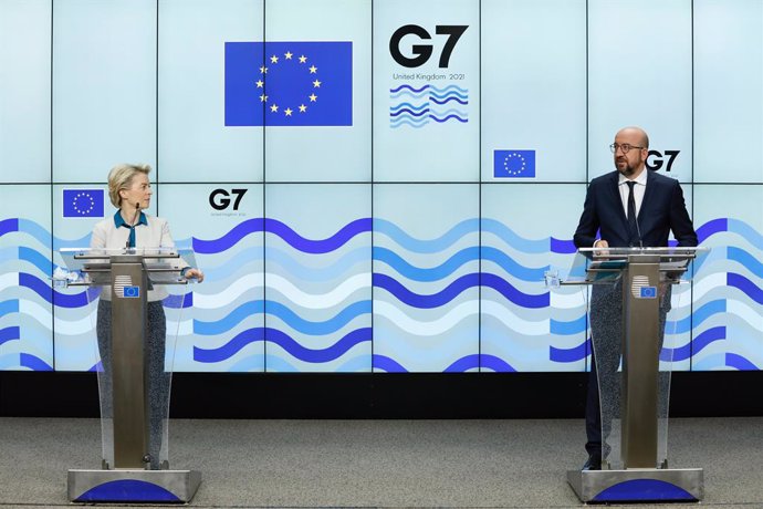 HANDOUT - 11 June 2021, United Kingdom, Cornwall: European Council President Charles Michel (R)speaks during a joint press conference with European Commission Ursula von der Leyen, on the sidelines of the G7 summit taking place from 11 to 13 June in Co