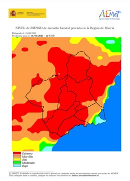 El nivel de riesgo de incendio forestal previsto para este martes es extremo en la mayor parte de la Región