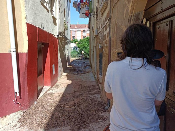 Una de las calles afectadas en Fuenmayor por las tormentas del lunes