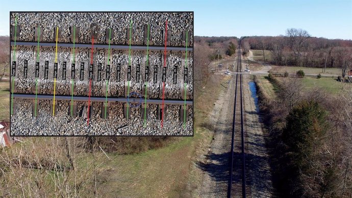 Drone survey of a railyard showing the location of rail gaps (blue circles) and the condition of each crosstie (good = green, bad = yellow or failed = red).