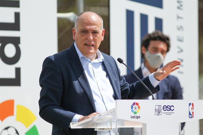 El presidente de LaLiga, Javier Tebas, en la presentación de ESC Madrid, el complejo deportivo y educacional impulsado por LaLiga y la NBA.