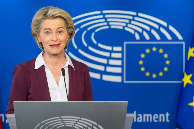 HANDOUT - 14 June 2021, Belgium, Brussels: European Commission President Ursula von der Leyen attends a press conference after the presidents of the three main EU institutions signed a plan for a digital Covid-19 vaccine certificate. Photo: Daina Le Lardi