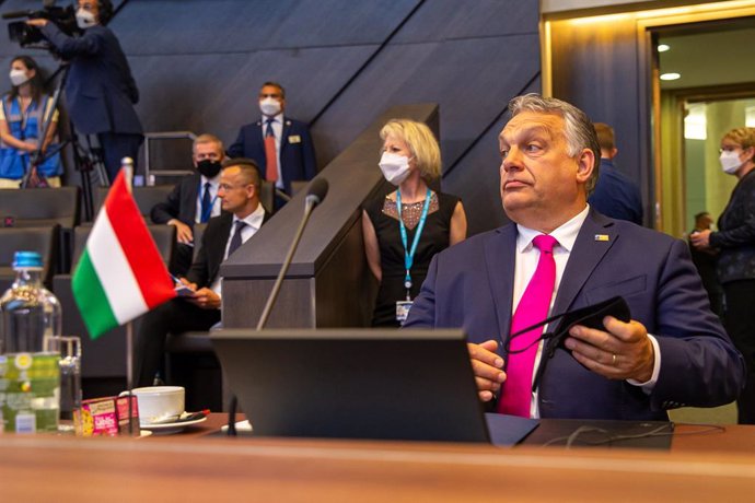 HANDOUT - 14 June 2021, Belgium, Brussels: Hungarian Prime Minister Viktor Orban attends a plenary session at the North Atlantic Treaty Organization (NATO) Summit. Photo: -/NATO/dpa - ATTENTION: editorial use only and only if the credit mentioned above 