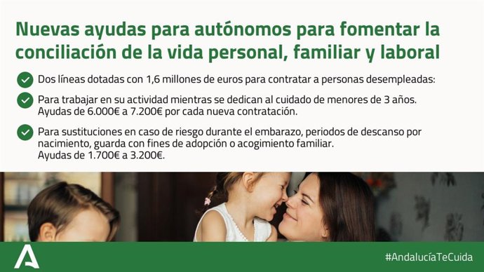 Cartel informativo sobre las ayudas de la Consejería de Empleo, Formación y Trabajo Autónomo destinadas a facilitar la conciliación de la vida personal, familiar y laboral que, por primera vez, están dirigidas exclusivamente para autónomos.