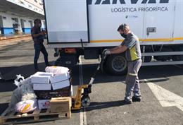 Archivo - Imagen de archivo de trabajadores de Tragsa en un trabajo de descarga de alimentos en Cádiz.