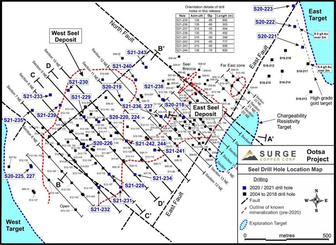Figure 1. Plan map of drill hole locations for 2020-2021 Ootsa drill program.