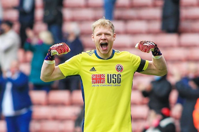 Aaron Ramsdale (1) of Sheffield United celebrates after David McGoldrick (17) of Sheffield United scores a goal 1-0 during the English championship Premier League football match between Sheffield United and Burnley on May 23, 2021 at Bramall Lane in She