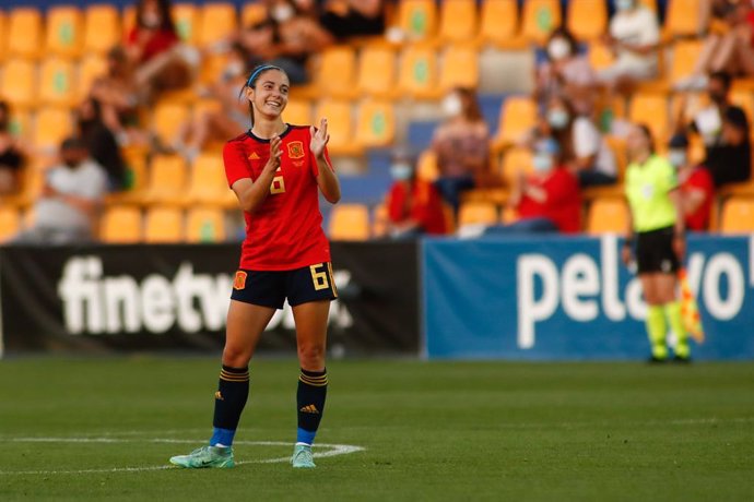 Aitana Bonmati of Spain celebrates a goal during the international women football, friendly match, played between Spain and Belgium at Santo Domingo stadium on June 10, 2021 in Alcorcon, Madrid, Spain.