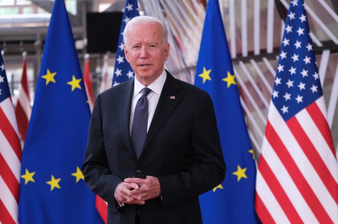HANDOUT - 15 June 2021, Belgium, Brussels: US President Joe Biden arrives for a press conference ahead of the EU-US summit. Photo: Alexandros Michailidis/European Council/dpa - ATTENTION: editorial use only and only if the credit mentioned above is refe