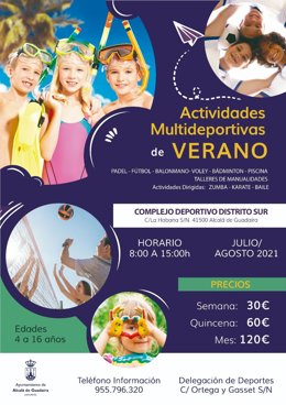 Cartel de las actividades de verano para menores en el Distrito Sur de Alcalá de Guadaíra (Sevilla).