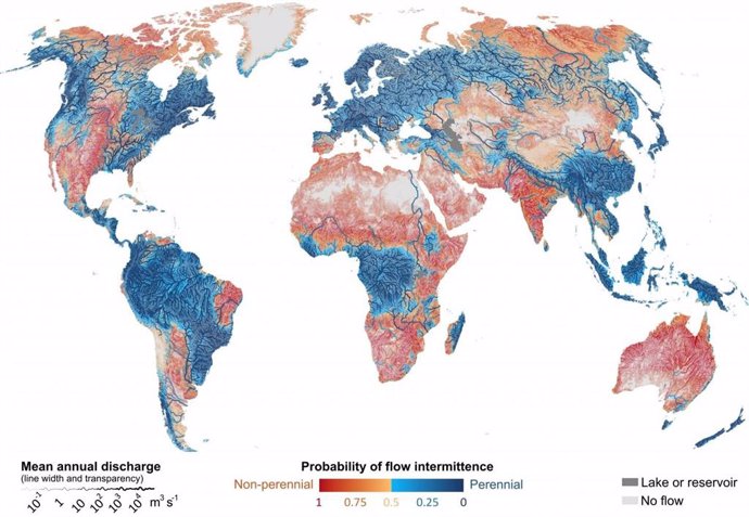 Probabilidad de flujo intermitente en los ríos de todo el mundo