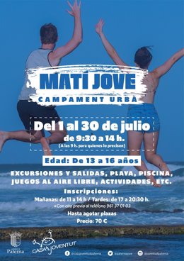 El Ayuntamiento de Paterna (Valencia), a través de la Casa de la Juventud, ha organizado durante todo el mes de julio, el campamento urbano 'Matí Jove' dirigido a jóvenes de entre 13 y 16 años de la ciudad.