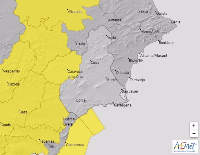 Avisos amarillos activados para este jueves en la Región de Murcia