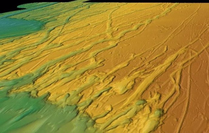 Estas vistas en perspectiva 3D de la batimetría del lecho marino de un sonar multihaz en alta mar de Carolina del Sur muestran numerosos surcos tallados por icebergs a la deriva.