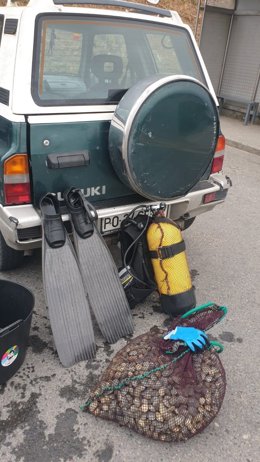 Material de buceo y bivalvos incautados en el puerto de Cee