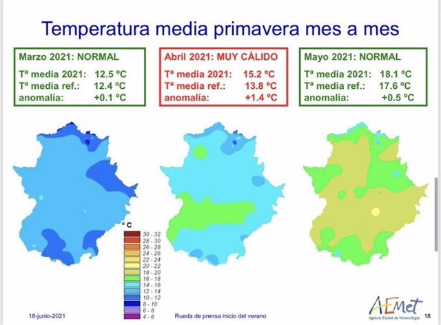 Temperatura media de la primavera en Extremadura.