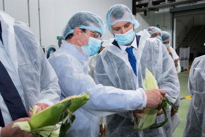 El presidente de la Junta de Extremadura, Guillermo Fernández Vara, en la visita a la fábrica de maíz "Artealca Corn" en Valverde de Leganés