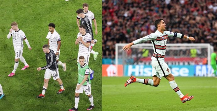 La selección de Alemania, tras perder el primer partido de la Euro 2020 ante Francia, y Cristiano Ronaldo celebrando un gol en el triunfo de Portugal sobre Hungría