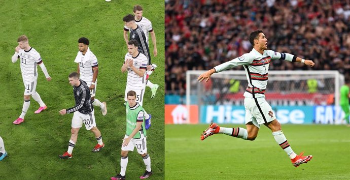 La selección de Alemania, tras perder el primer partido de la Euro 2020 ante Francia, y Cristiano Ronaldo celebrando un gol en el triunfo de Portugal sobre Hungría