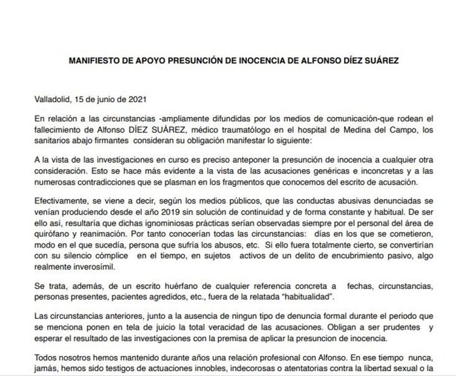 Documento remitido en apoyo a la presunción de inocencia del traumatólogo fallecido e investigado por presuntos abusos.