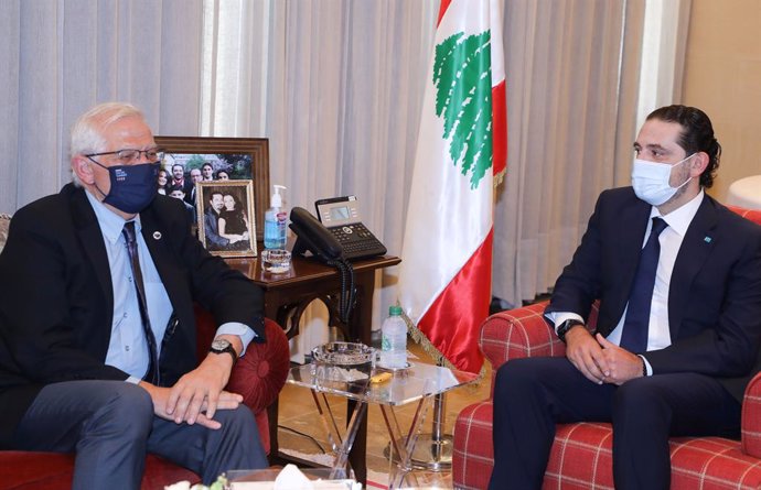 HANDOUT - 19 June 2021, Lebanon, Beirut: Lebanese Prime Minister-designate Saad Hariri (R) speaks with Josep Borrell, High Representative of the European Union for Foreign Affairs and Security Policy, during their meeting. Photo: -/Dalati & Nohra/dpa - 