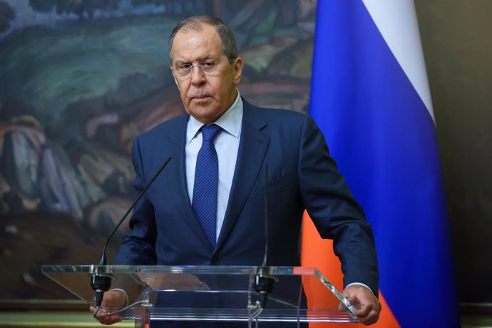 HANDOUT - 28 May 2021, Russia, Moscow: Russian Foreign Minister Sergey Lavrov attends a joint press conference with Slovenian Foreign Minister Anze Logar following their meeting in Moscow. Photo: -/Russian Foreign Ministry/dpa - ATTENTION: editorial use